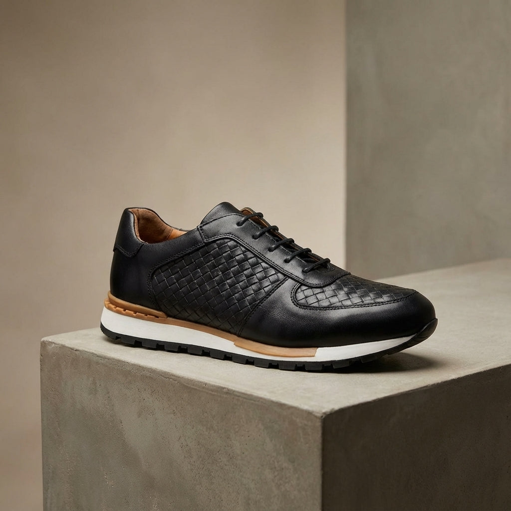 Kaisar Genuine Leather Lace-Up Trainers – Weave Pattern Casual Shoes