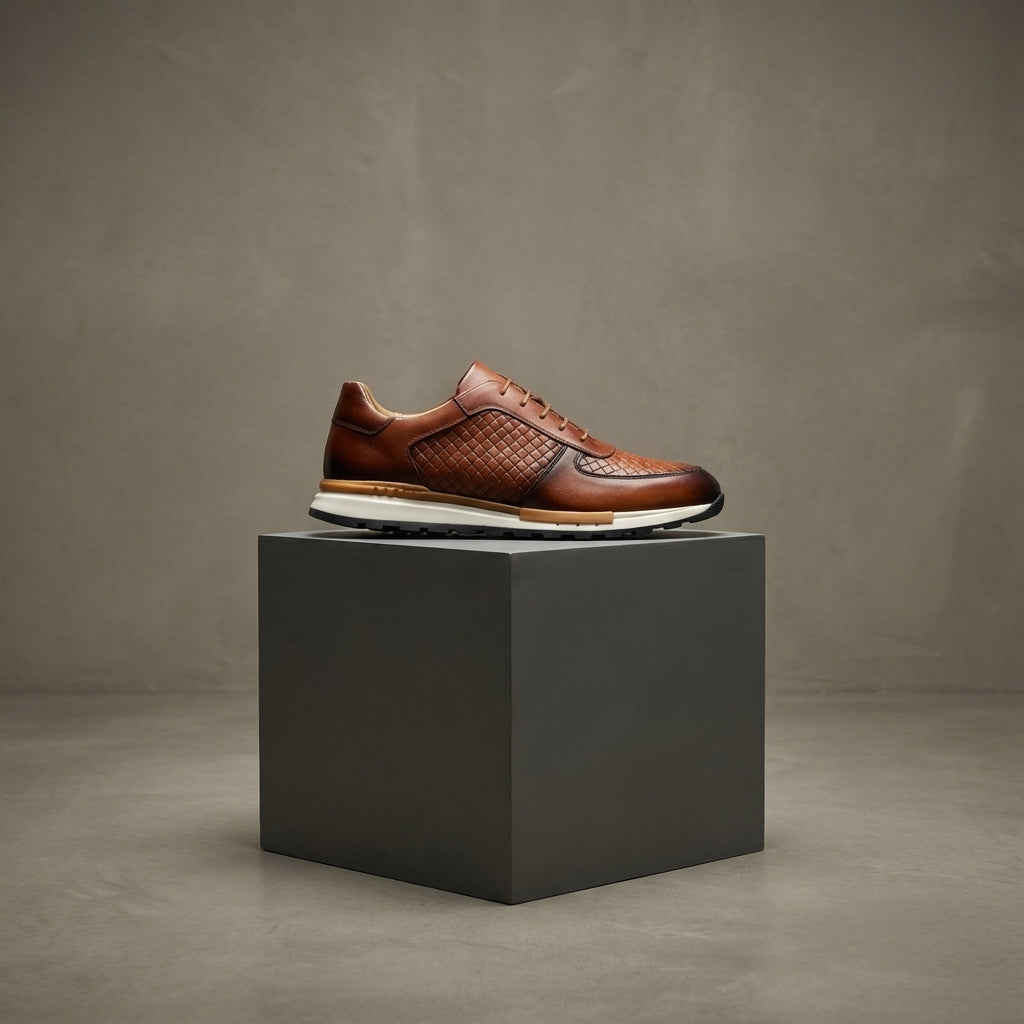 Kaisar Genuine Leather Lace-Up Trainers – Weave Pattern Casual Shoes