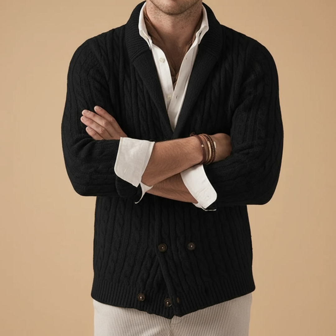 Romano Men’s Cardigan –  Double-Breasted Cable Knit Shawl Collar Sweater