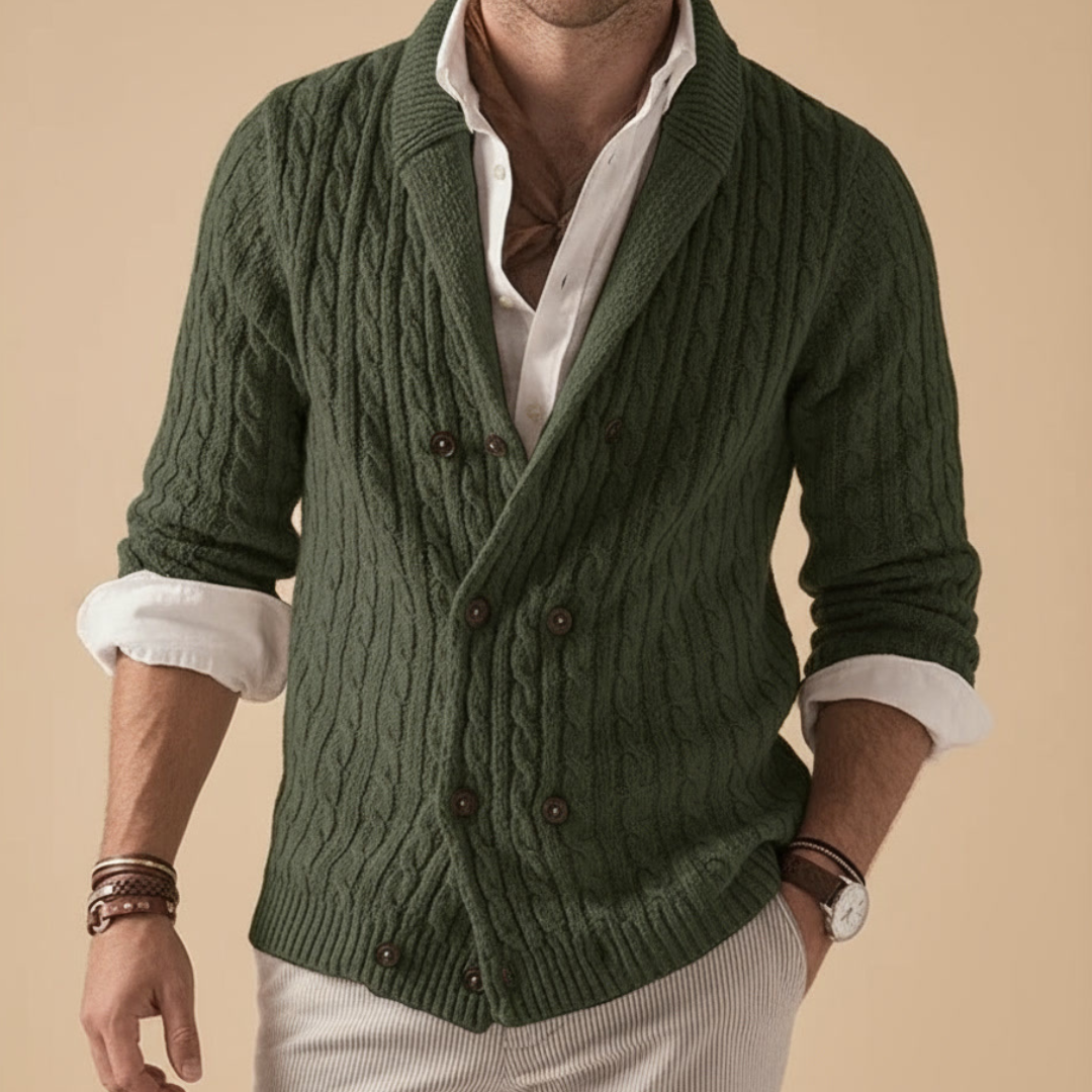 Romano Men’s Cardigan –  Double-Breasted Cable Knit Shawl Collar Sweater