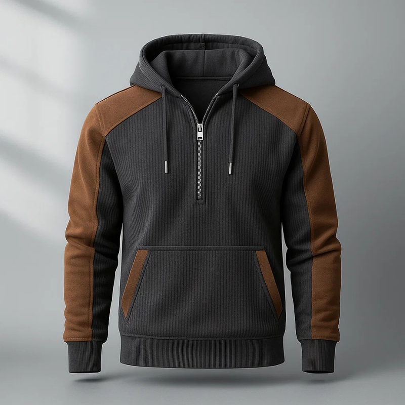 Henry Men’s Quarter-Zip Hoodie – Corduroy Cotton Pullover with Contrast Panels
