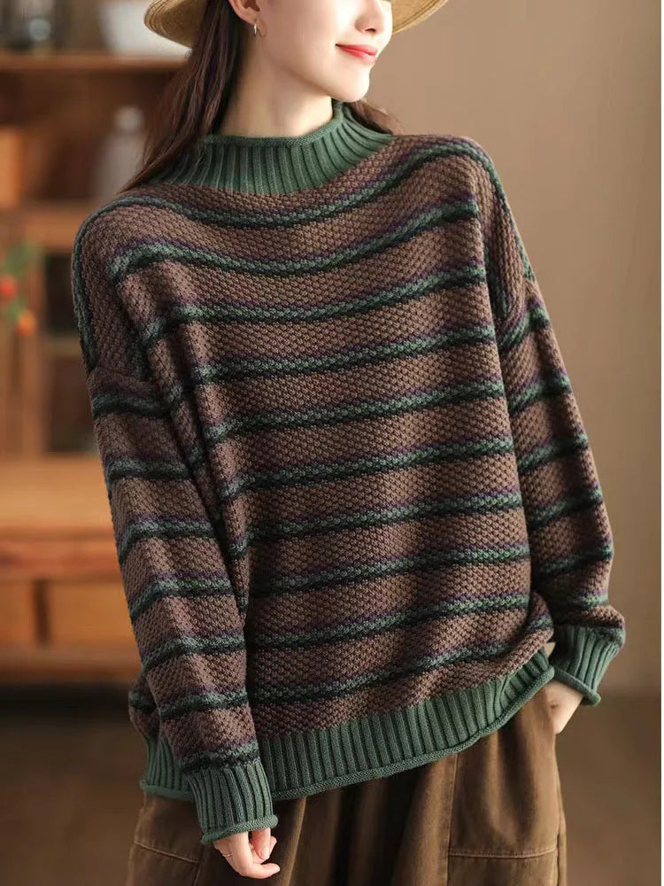 Erica Women's Cotton Sweater – -Waffle-Knit Oversized Stripe Pullover