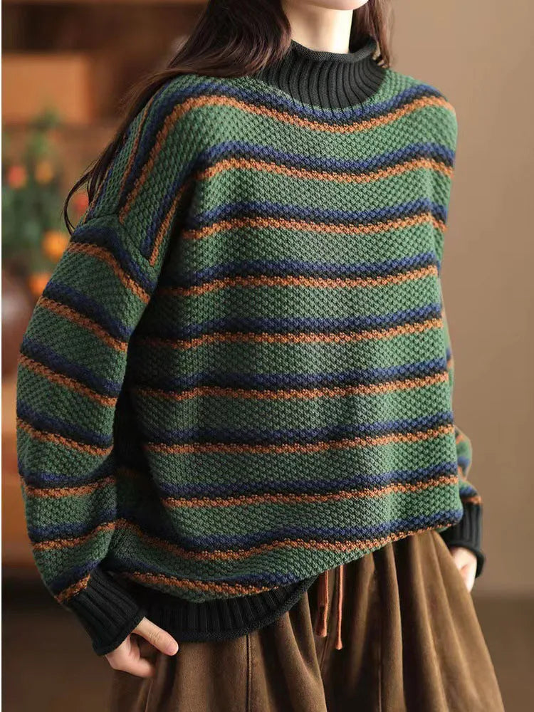 Erica Women's Cotton Sweater – -Waffle-Knit Oversized Stripe Pullover