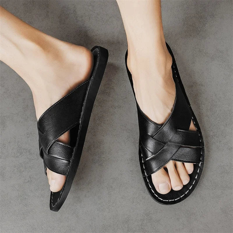 Froilan Full-Grain Leather Cross Strap Sandals – Cushioned Comfort Slides