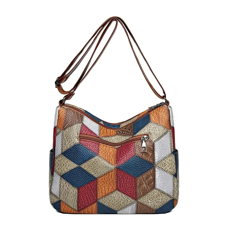 Sahara Women's Crossbody Bag – Geometric Patchwork Vegan Leather Satchel