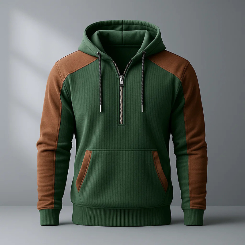 Henry Men’s Quarter-Zip Hoodie – Corduroy Cotton Pullover with Contrast Panels