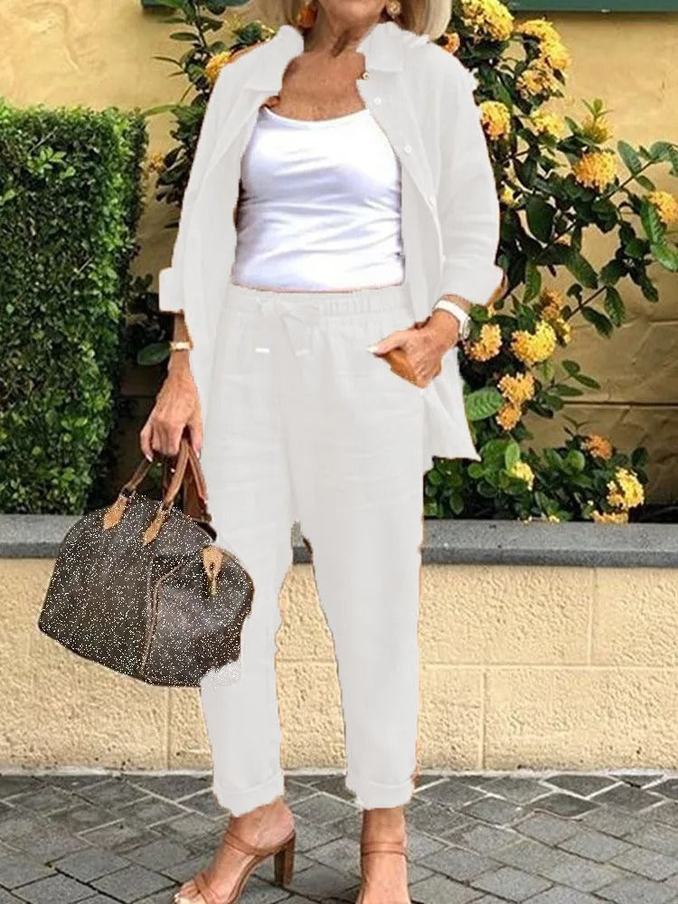 Hira Women’s Linen Set – Long Sleeve Button Shirt & Drawstring Pants