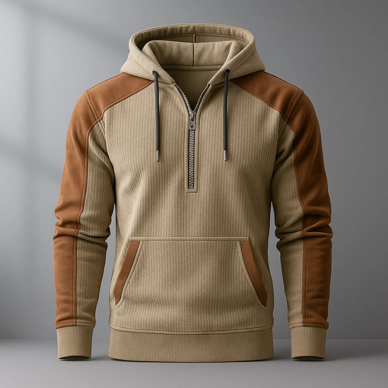 Henry Men’s Quarter-Zip Hoodie – Corduroy Cotton Pullover with Contrast Panels
