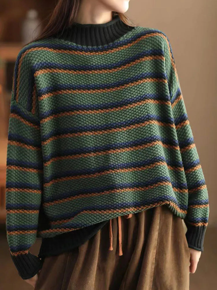 Erica Women's Cotton Sweater – -Waffle-Knit Oversized Stripe Pullover