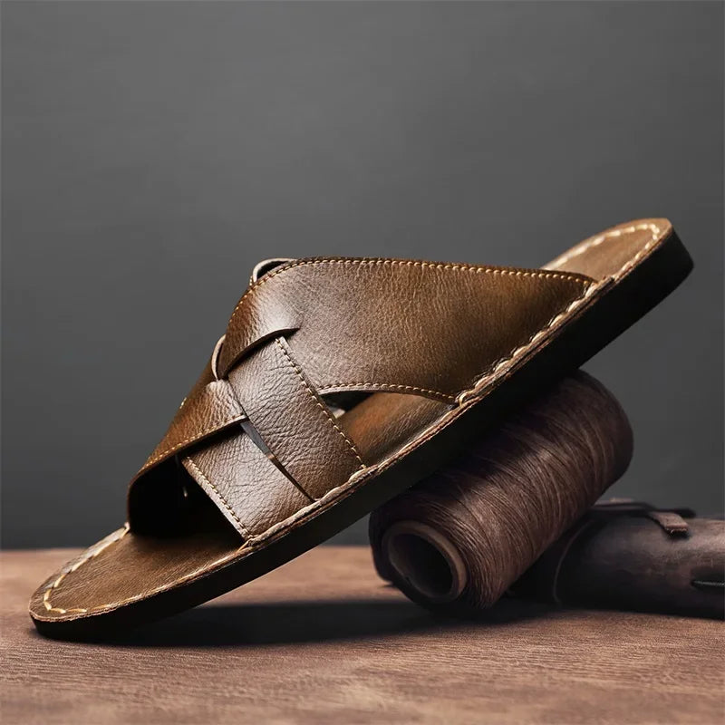 Froilan Full-Grain Leather Cross Strap Sandals – Cushioned Comfort Slides