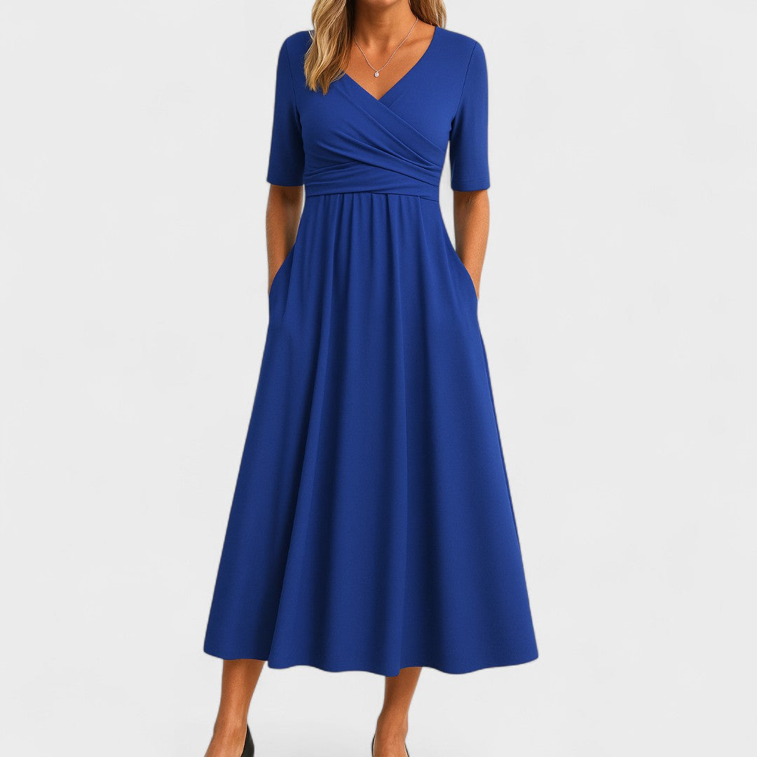 Valerienne Soft Stretch Midi Dress – Wrap V-Neck Elegant Everyday Wear