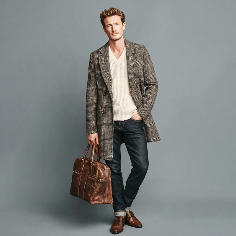 Alexander Men’s Wool Coat – Checkered Double-Breasted Mid-Length Coat