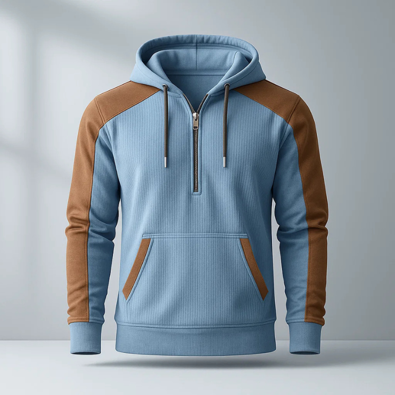 Henry Men’s Quarter-Zip Hoodie – Corduroy Cotton Pullover with Contrast Panels