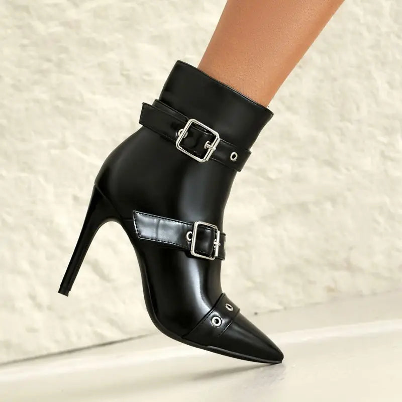 Anne Women's Stiletto Buckle Boots – High-Shine Vegan Leather & Adjustable Straps
