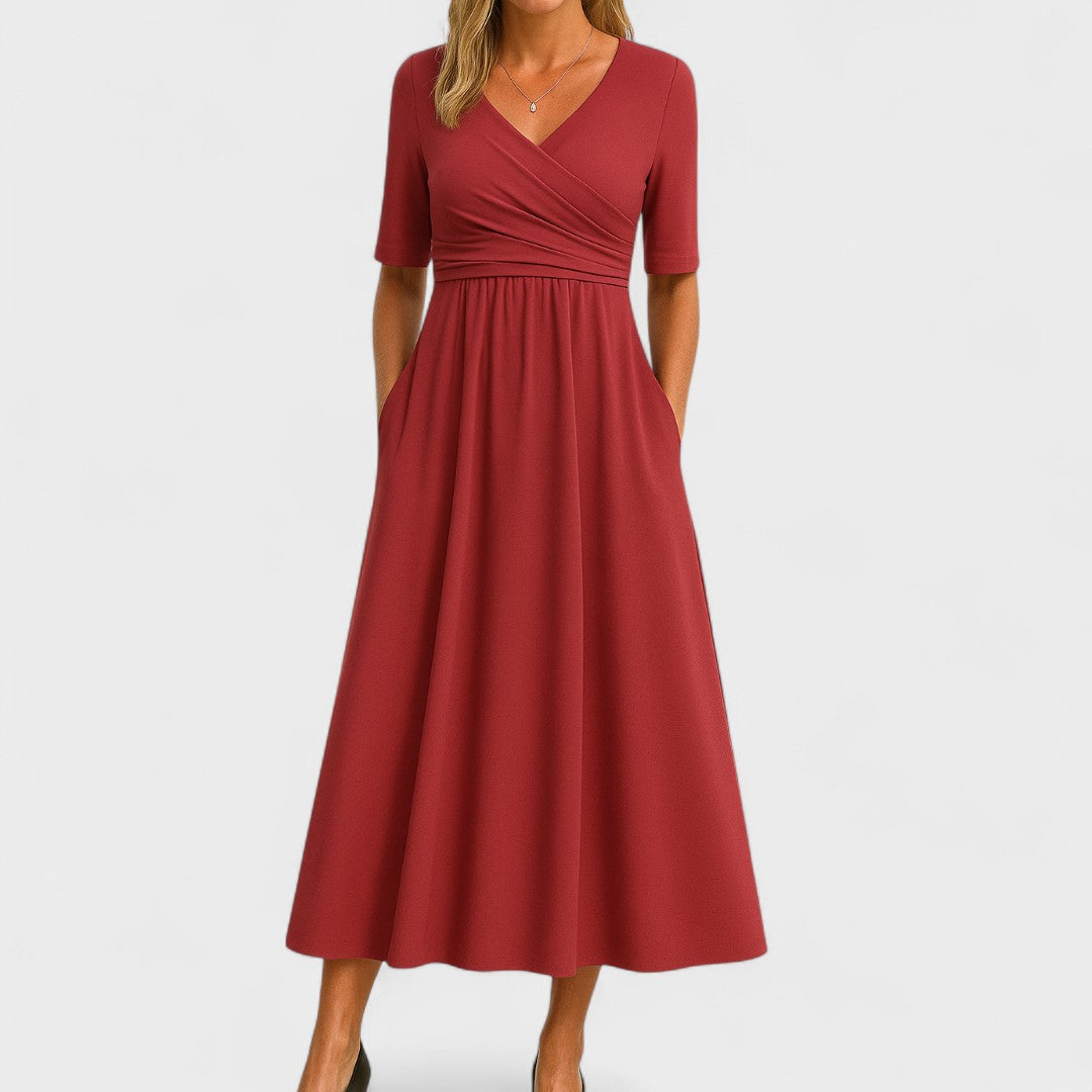 Valerienne Soft Stretch Midi Dress – Wrap V-Neck Elegant Everyday Wear