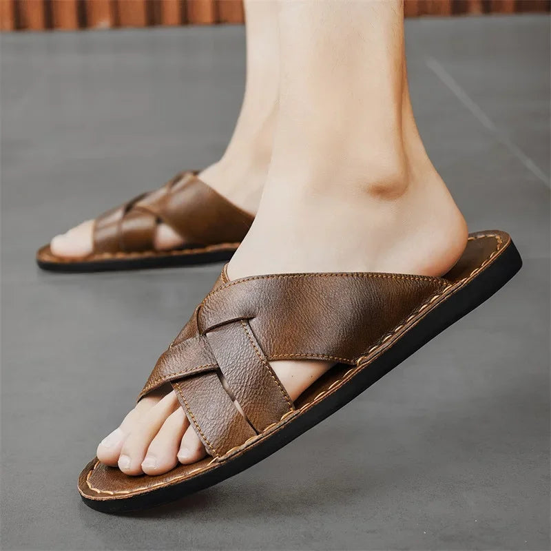 Froilan Full-Grain Leather Cross Strap Sandals – Cushioned Comfort Slides