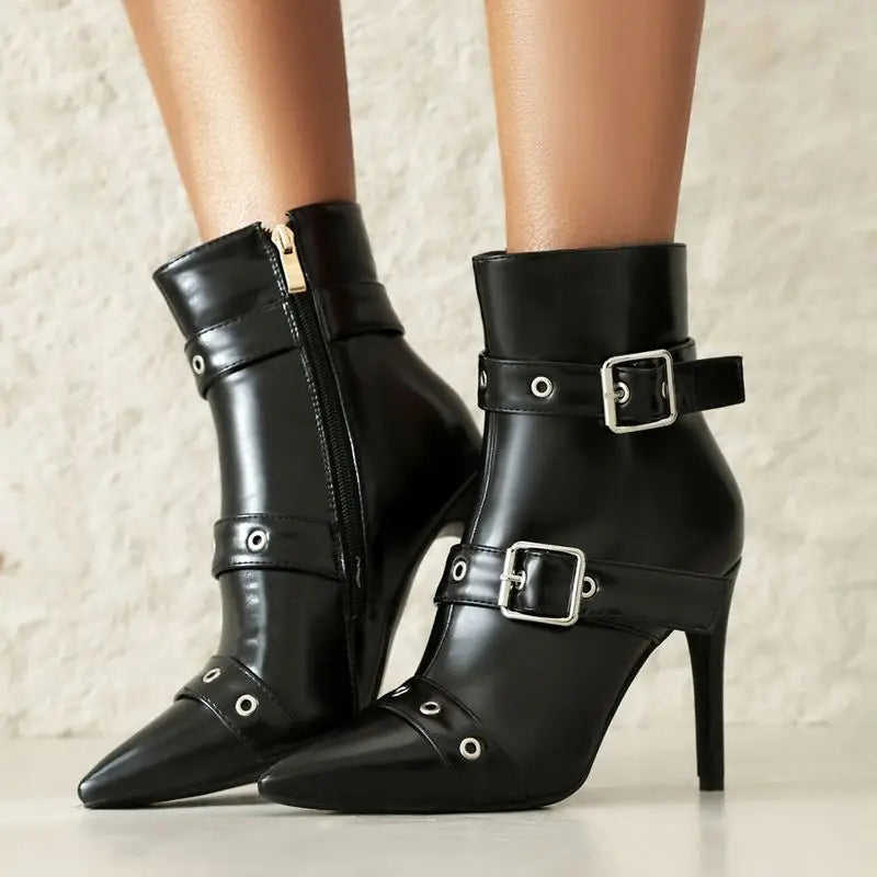 Anne Women's Stiletto Buckle Boots – High-Shine Vegan Leather & Adjustable Straps