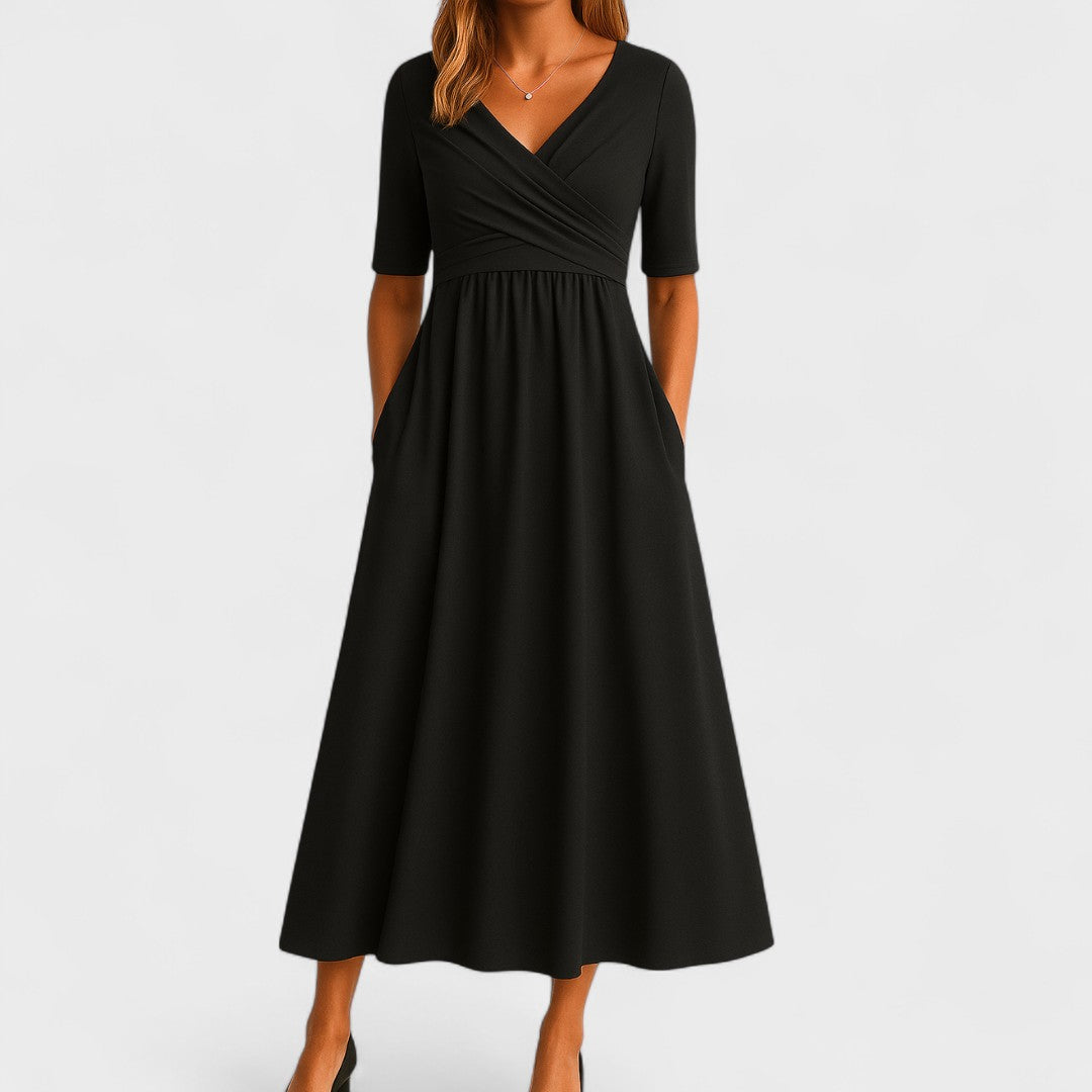 Valerienne Soft Stretch Midi Dress – Wrap V-Neck Elegant Everyday Wear