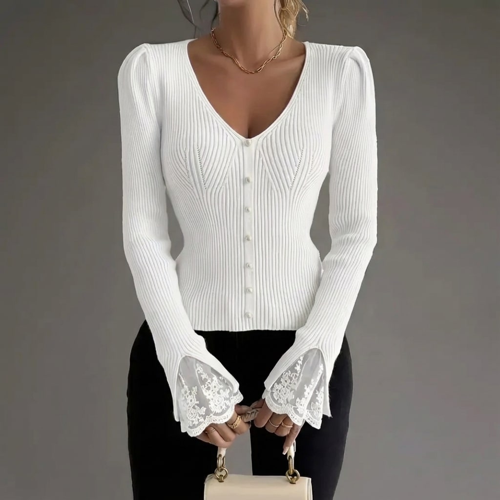Vicky Women’s Sweater – V-Neck Lace Sleeve Detail Pullover