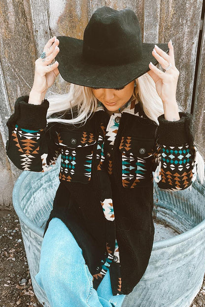 Black Fleece Shacket with Aztec Print - Trendy and Comfortable