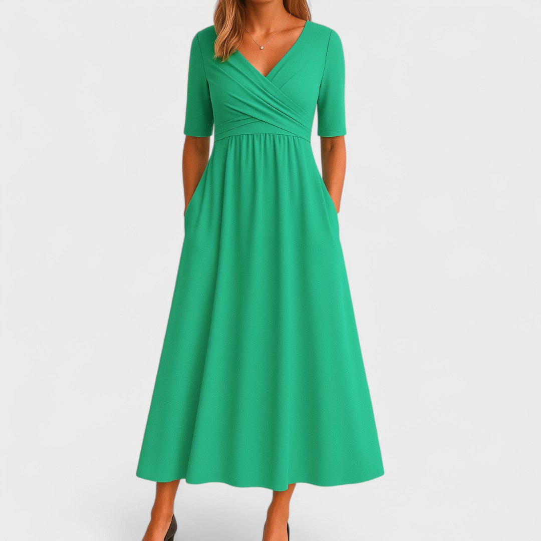 Valerienne Soft Stretch Midi Dress – Wrap V-Neck Elegant Everyday Wear