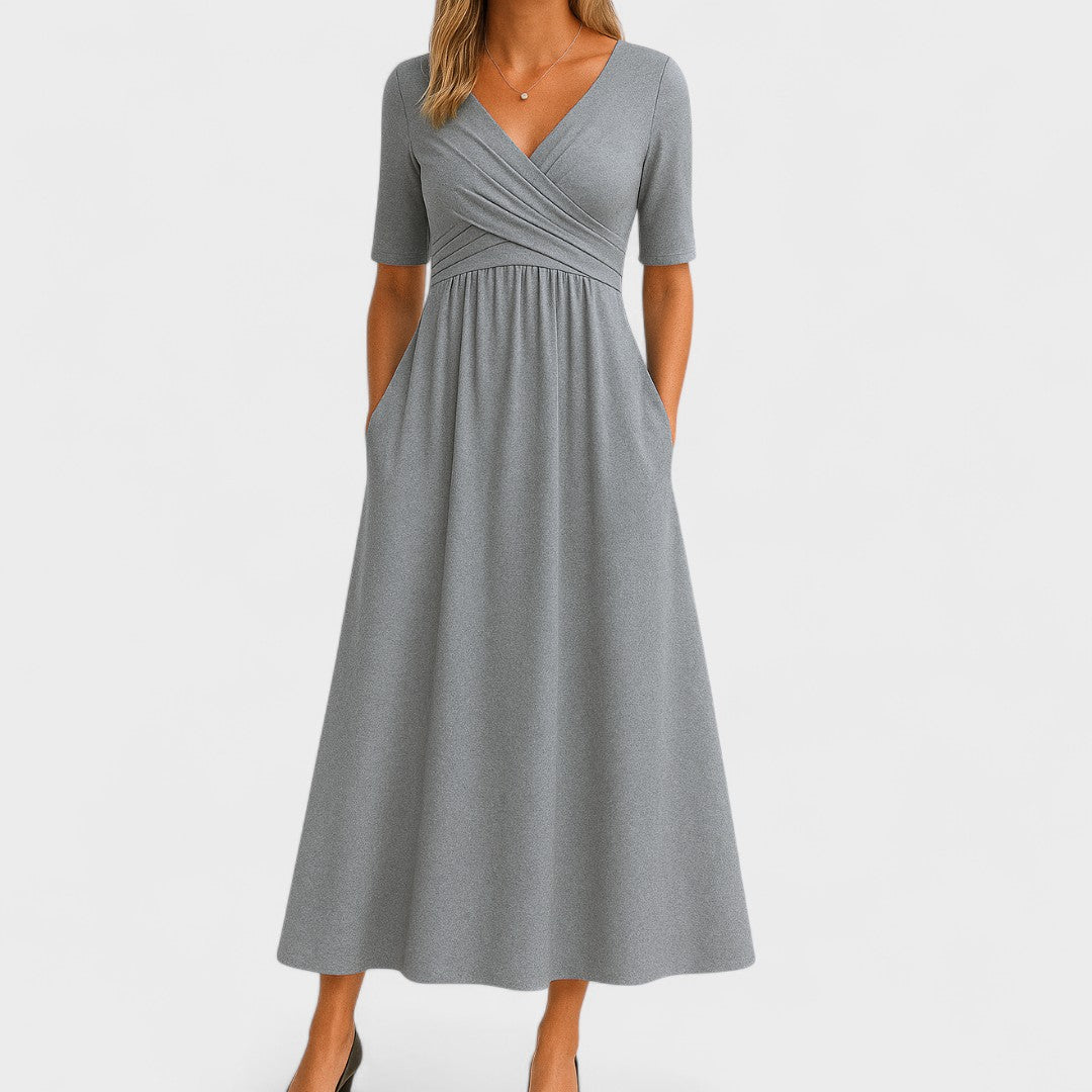 Valerienne Soft Stretch Midi Dress – Wrap V-Neck Elegant Everyday Wear