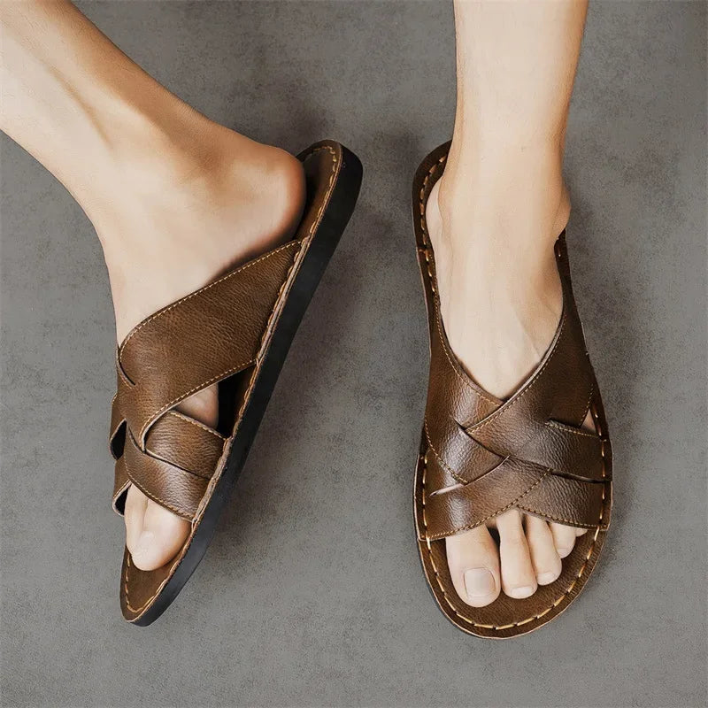 Froilan Full-Grain Leather Cross Strap Sandals – Cushioned Comfort Slides