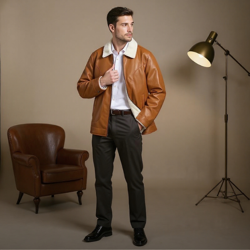 Roldan Men’s Bomber Jacket – Faux Leather with Fleece Lining