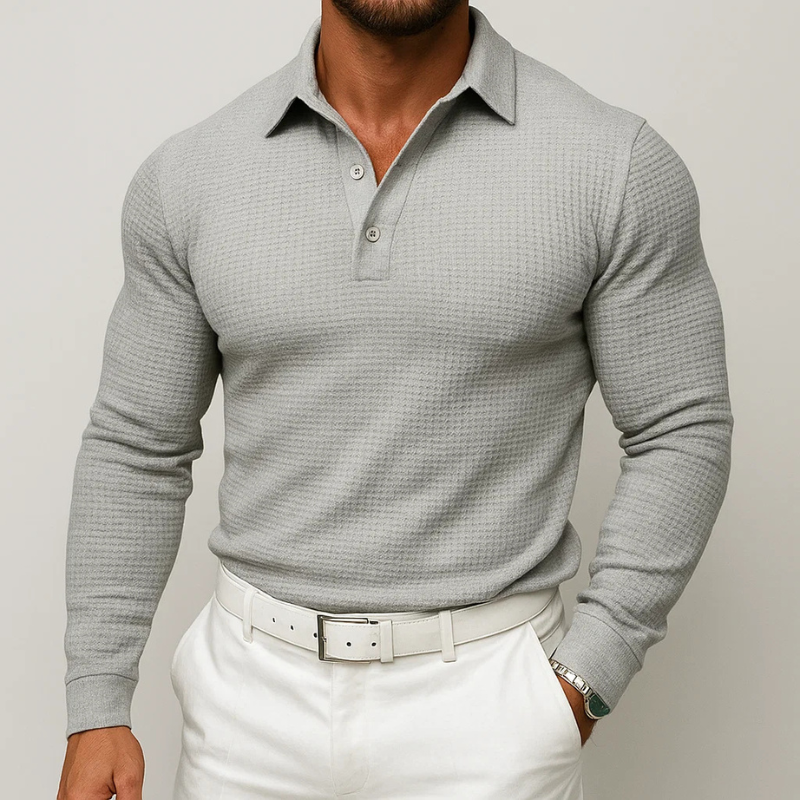 Emanuele Men’s Long-Sleeve Polo – Soft Waffle Knit Shirt