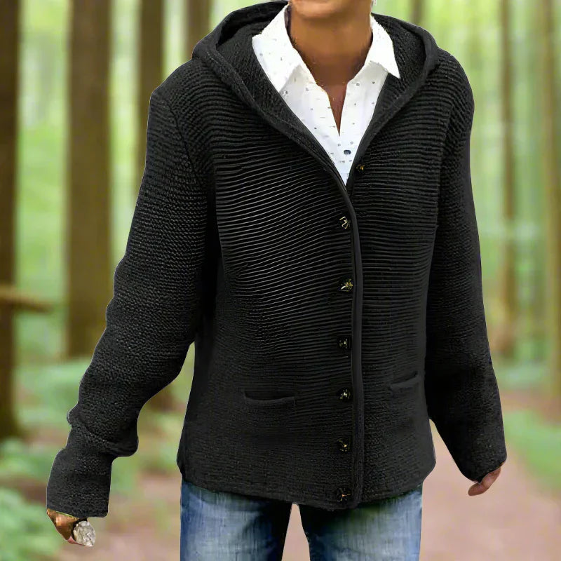 Mira Women’s Hooded Cardigan – Wool Knit with Button Front Closure