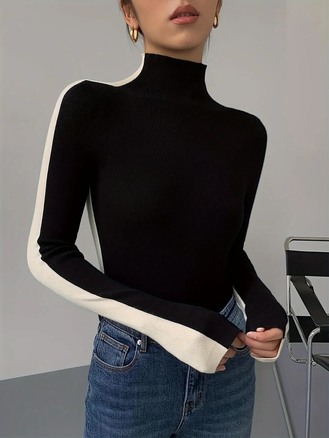 Beatrice Women’s Turtleneck Sweater – Contrast Slim Fit Pullover
