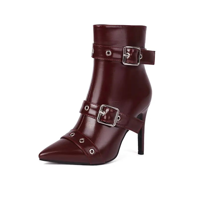 Anne Women's Stiletto Buckle Boots – High-Shine Vegan Leather & Adjustable Straps