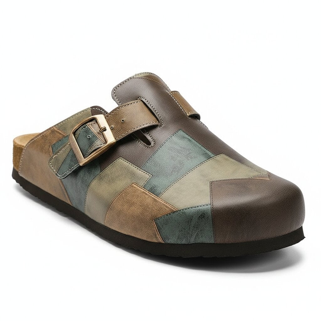Gareth Genuine Leather Patchwork Buckled Clogs – Casual Slip-On Sandal