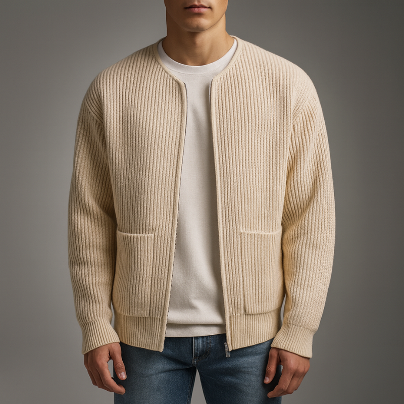 Brion Men’s Knit Zip Cardigan – Textured Knit Cardigan with Front Pockets