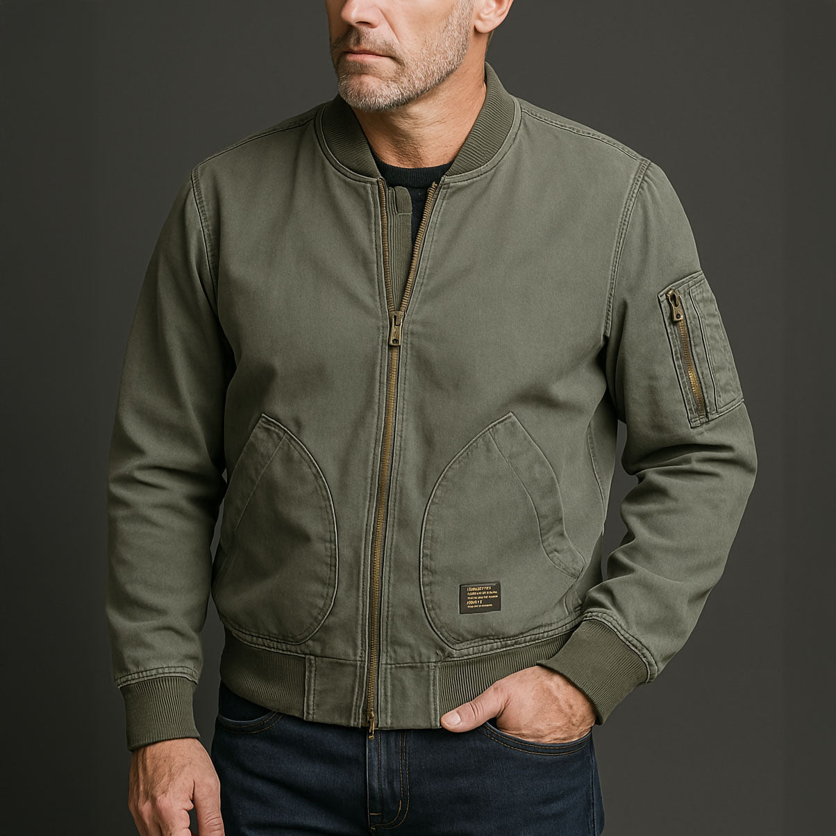 Ethan Men's Bomber Jacket – Ribbed Zip-Up Jacket with Utility Pocket