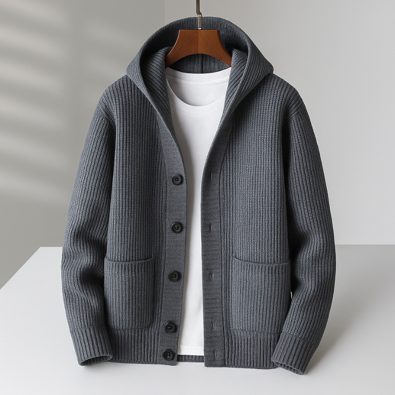 Renz Men’s Hooded Cardigan – Wool Blend Button-Up Knit Cardigan