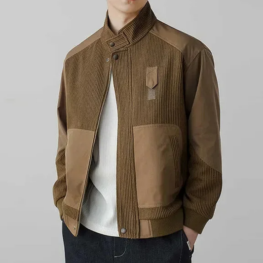 Harrington Stand Collar Men’s Patchwork Jacket – Corduroy & Woven Panel Contrast