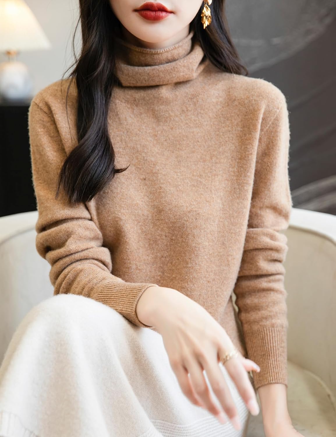 Elara Women’s Turtleneck Sweater – Merino Wool Seamless Knit Jumper
