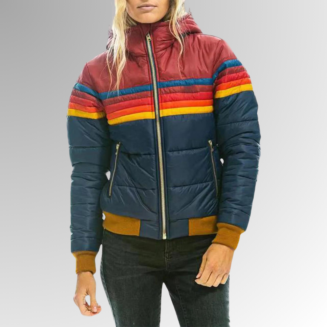 Lana Knit Zip-Up Jacket – Women’s Hooded Jacket with Retro Rainbow Stripe
