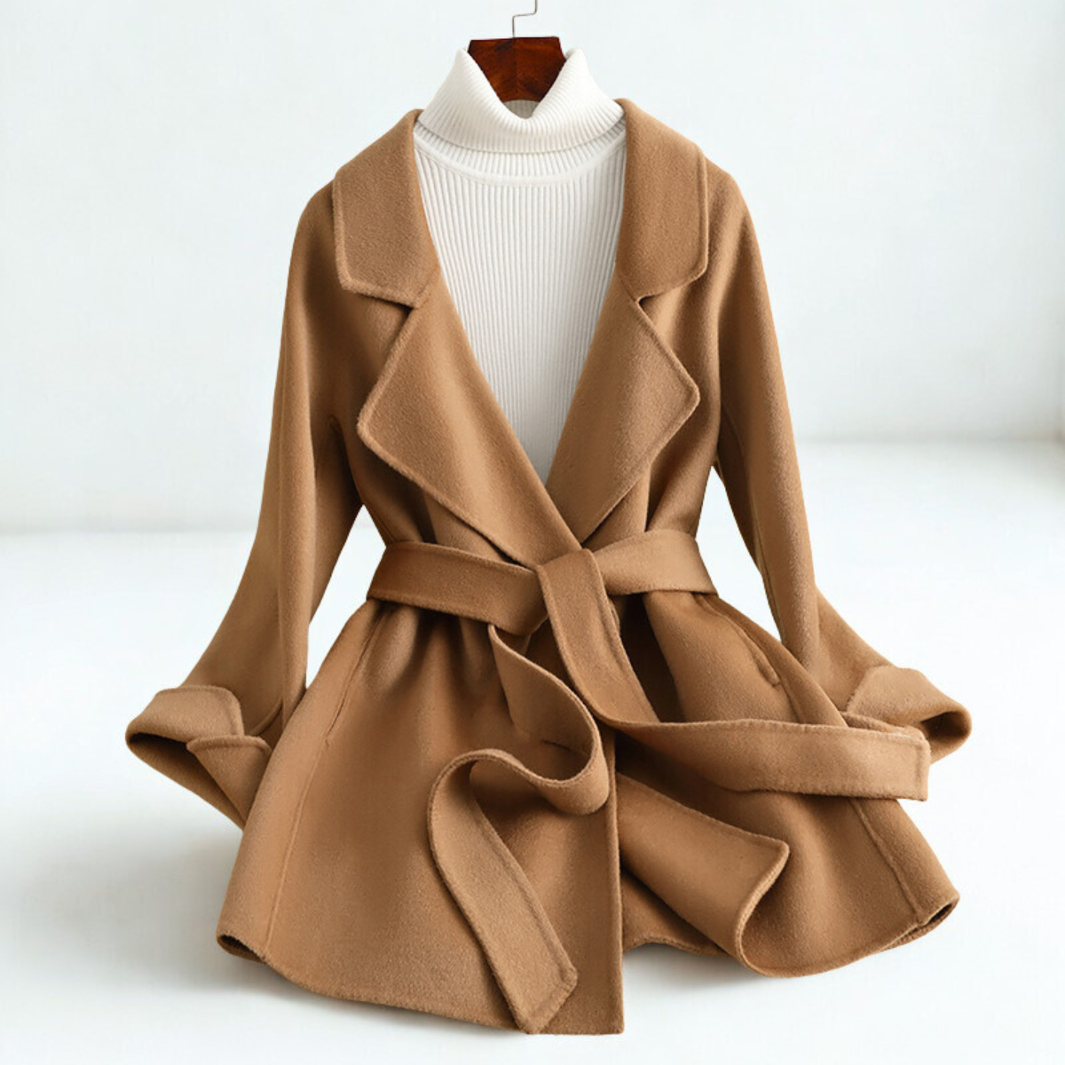 Florian Women’s Wool Blend Coat – Wide Lapel Belted Overcoat
