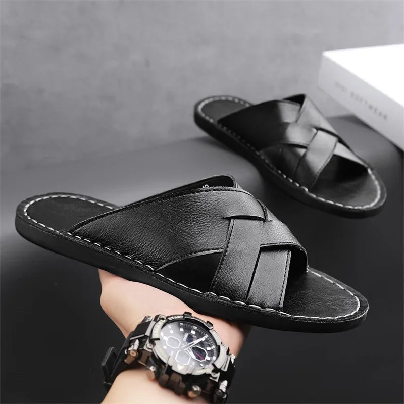 Froilan Full-Grain Leather Cross Strap Sandals – Cushioned Comfort Slides