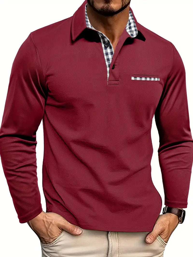 Ricardo Men’s Long Sleeve Polo – Slim Fit with Checked Accents