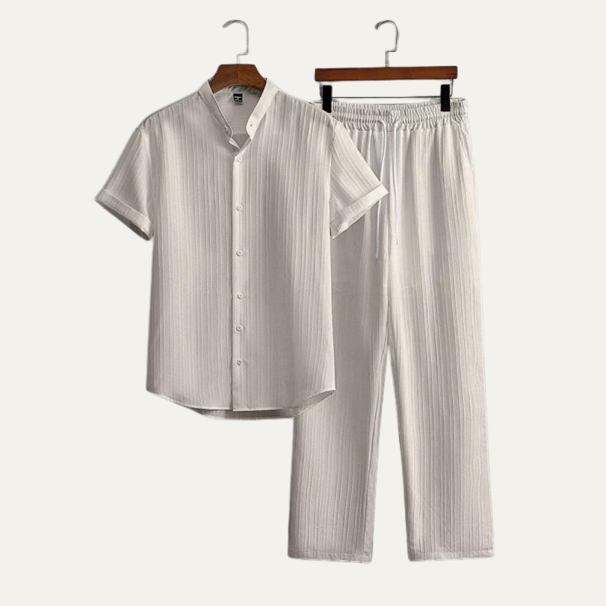 Joshua Textured Linen Set – Vertical Ribbed Relaxed Summer Two-Piece Outfit