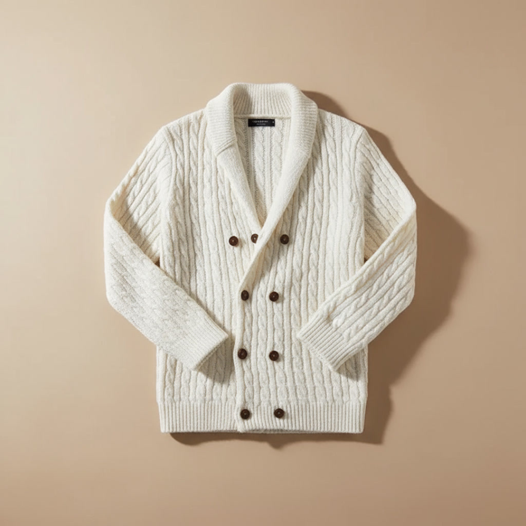 Romano Men’s Cardigan –  Double-Breasted Cable Knit Shawl Collar Sweater