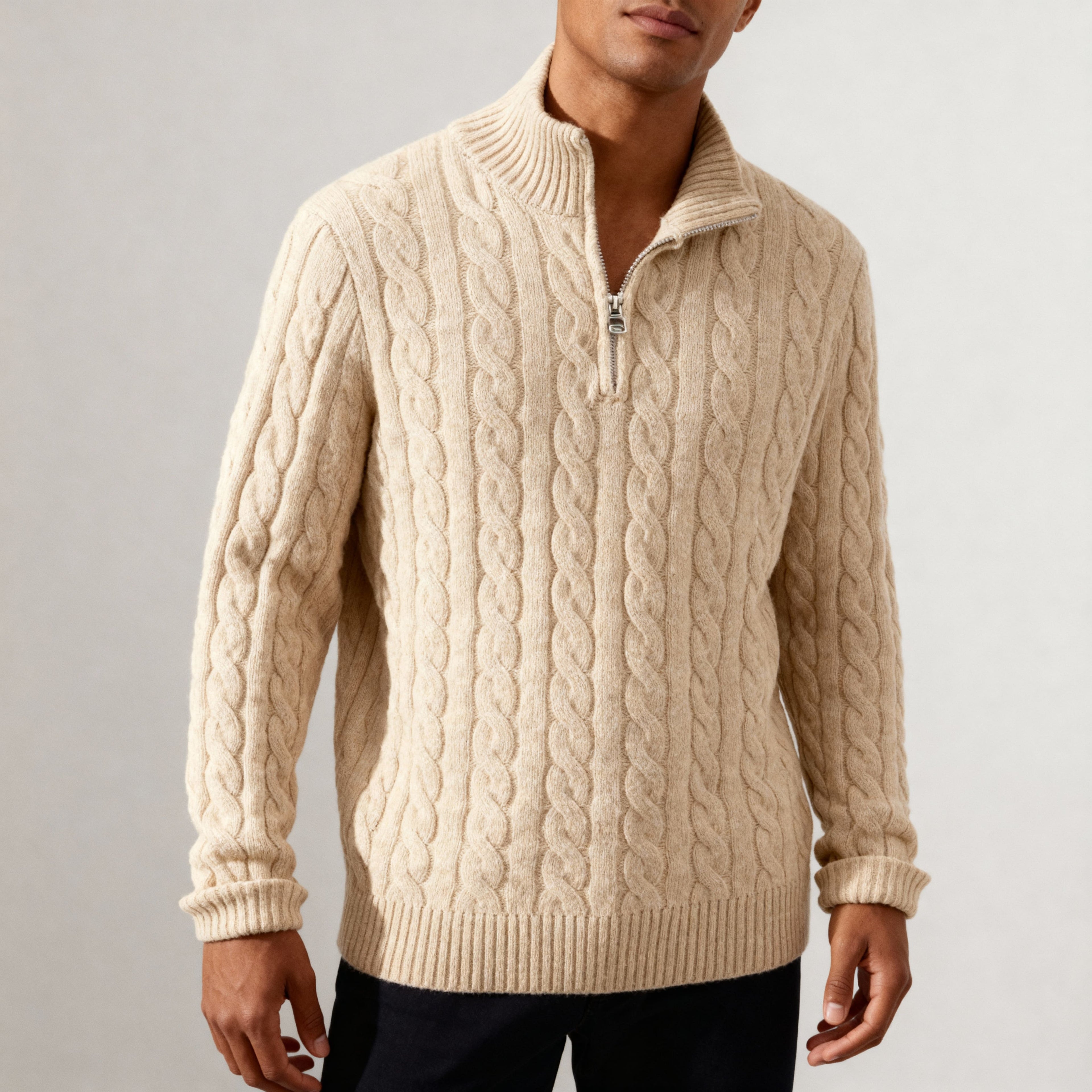 Liam Men’s Cotton Cable Knit Sweater – Half-Zip Pullover with Ribbed Collar