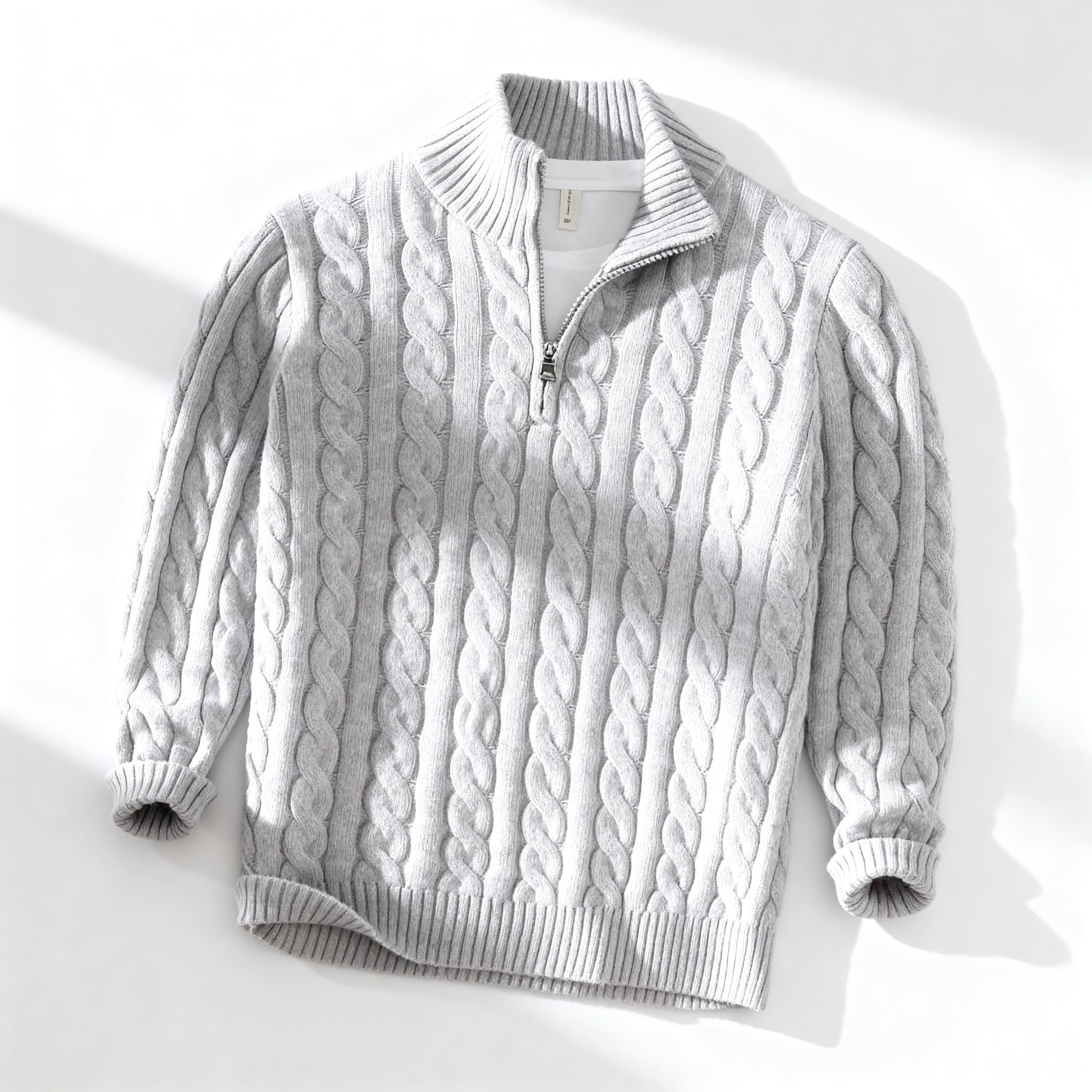 Liam Men’s Cotton Cable Knit Sweater – Half-Zip Pullover with Ribbed Collar