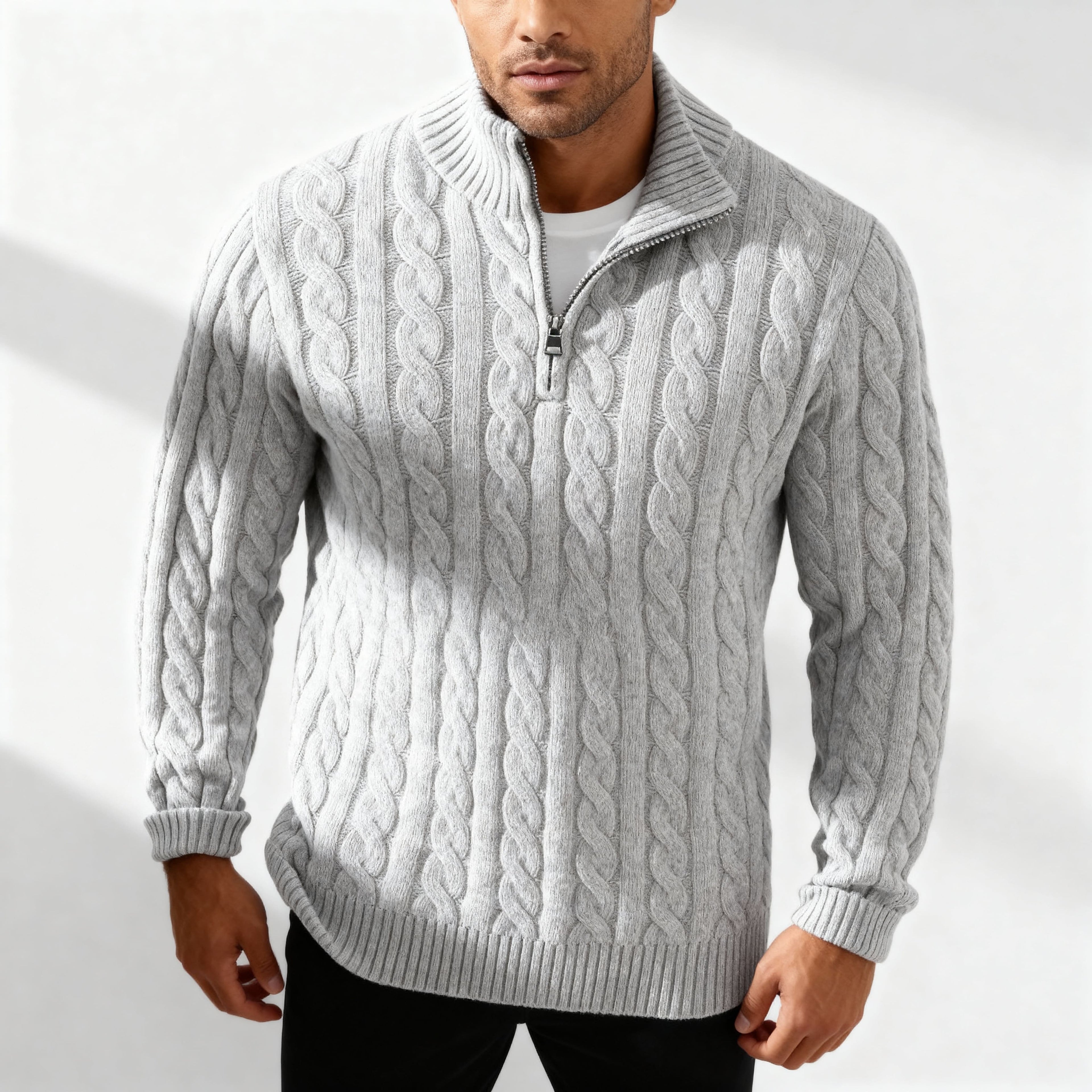 Liam Men’s Cotton Cable Knit Sweater – Half-Zip Pullover with Ribbed Collar