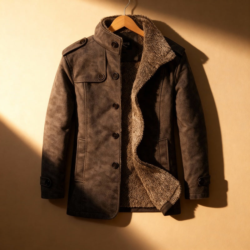Lysander Men’s Suede Overcoat – Vintage Long Coat with Structured Shoulders