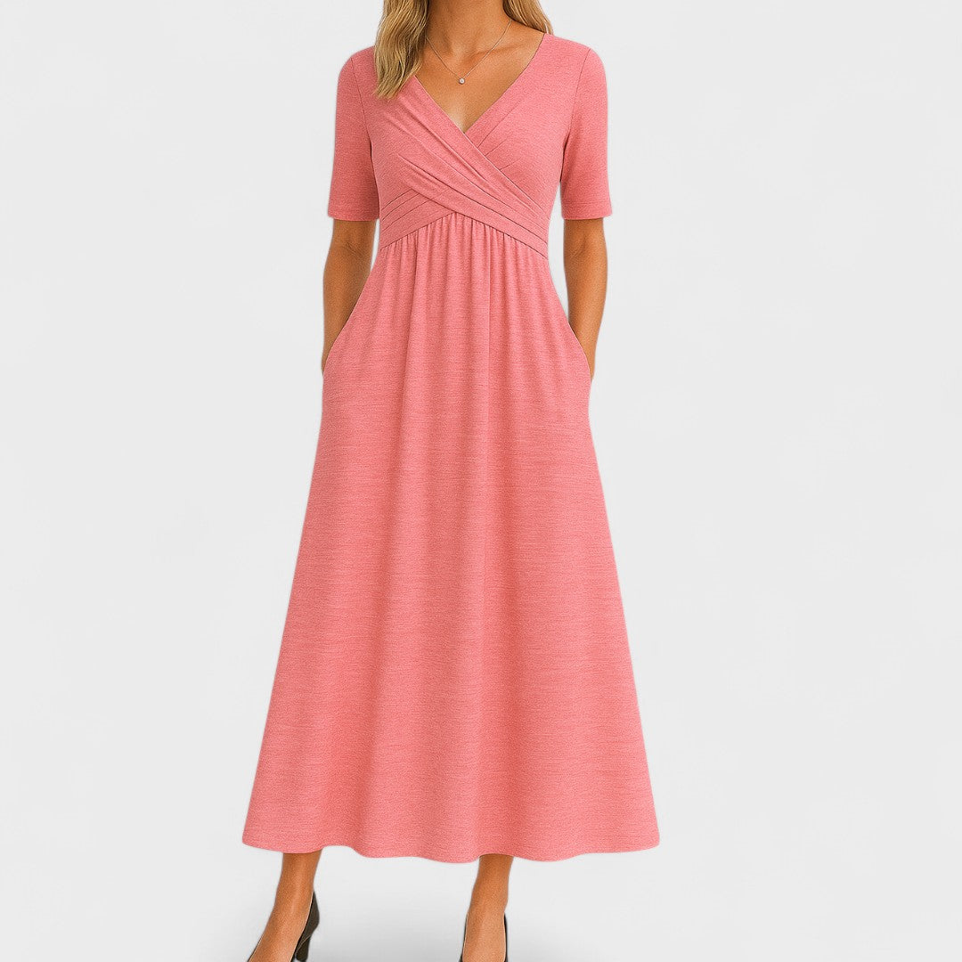 Valerienne Soft Stretch Midi Dress – Wrap V-Neck Elegant Everyday Wear
