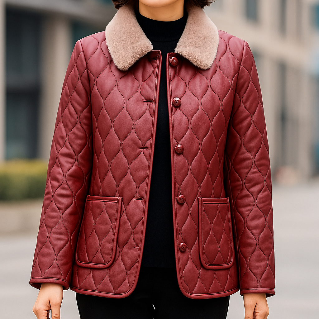Glenda Women’s Fleece Jacket – Cotton Pleated Texture with Soft Fur Collar